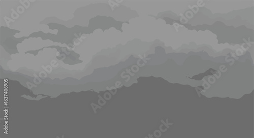 Layered monochrome gray landscape with clouds casting soft shadows, flat