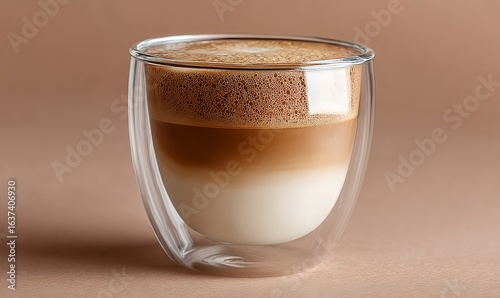 Transparent latte coffee with layered milk and espresso gradient in glass cup