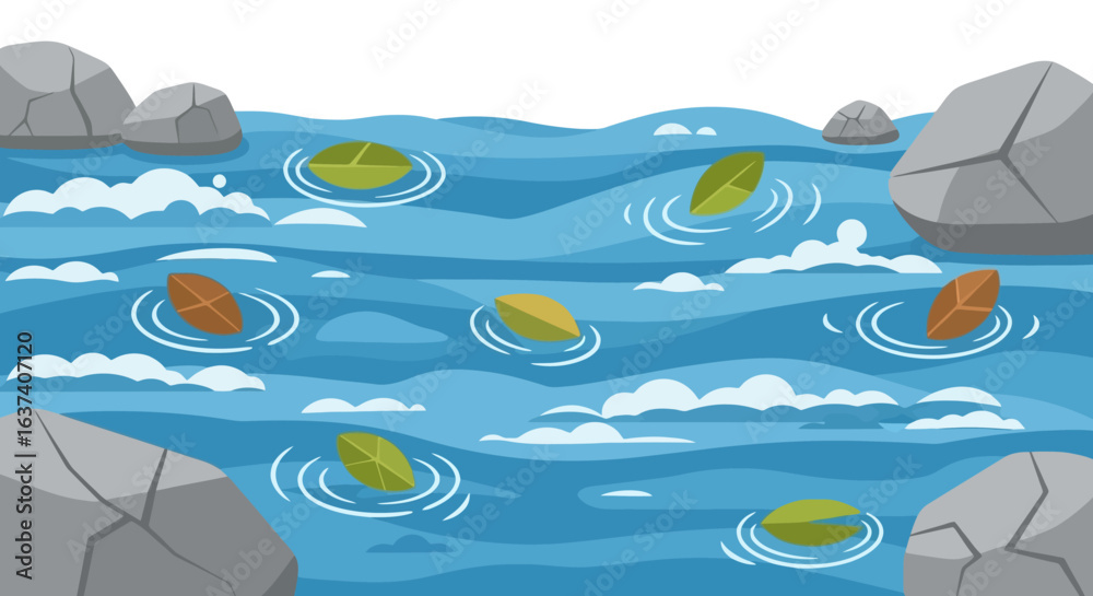 Naklejka premium Serene river flow with colorful leaves drifting past smooth stones and gentle ripples