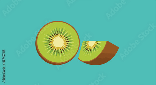 Vibrant kiwi slices on blue; seeds, green flesh, and brown skin are visible