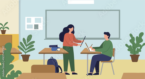 Classroom scene a teacher helping a student with lessons. Flat, modern design