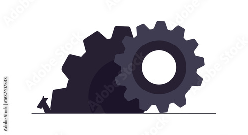 Two interlocking dark gears with cog teeth on a straight line on white