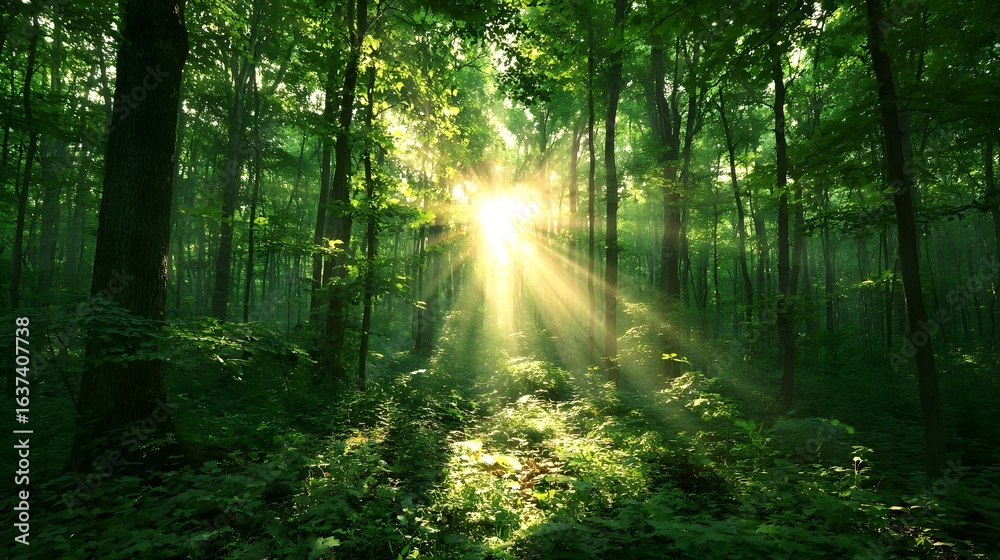 Obraz premium Sunlight streams through a dense forest.