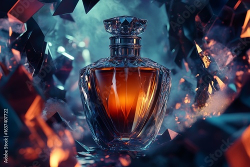 Luxurious perfume bottle displayed on a dramatic backdrop.