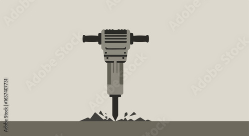 An illustration of a gray jackhammer breaking a surface with scattered debris around it