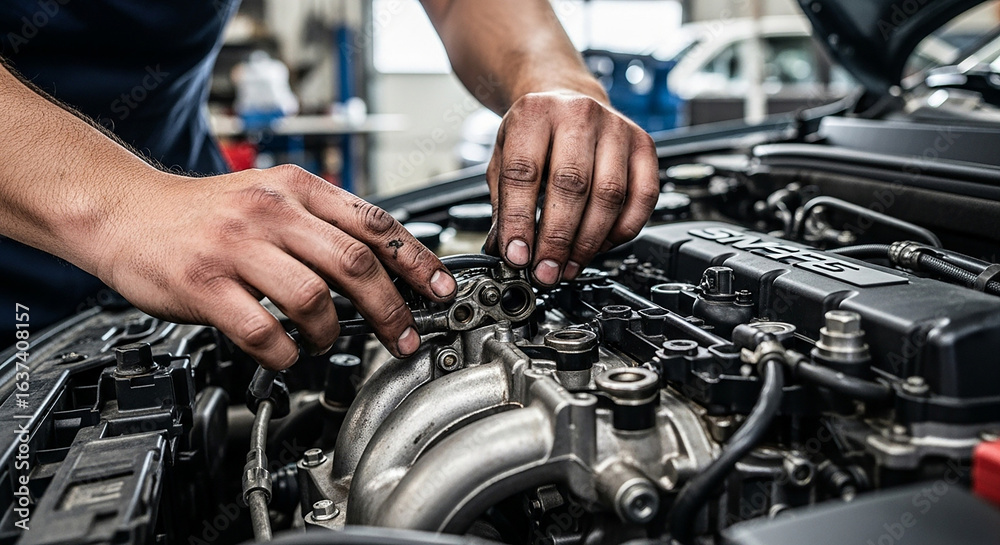 Fototapeta premium A mechanic's hands working on a car engine, performing maintenance and repairs in a garage.