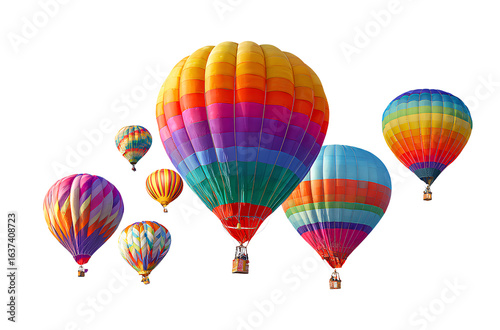 Colorful hot air balloons flying in the sky, white background, vector illustration, flat design, white background, png format,  
