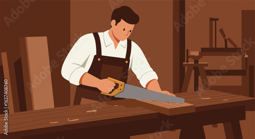 Carpenter sawing wood. Workbench visible. Warm tones, simple, flat vector illustration