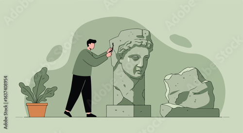 A sculptor refining a stone bust, creating artwork in a calming, studio environment