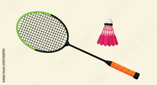 Badminton game equipment A racket with orange handle and a pink shuttlecock, flat lay