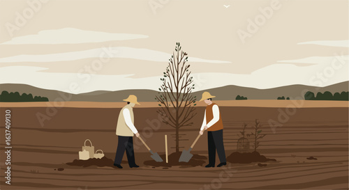 Men planting a tree in a field, with tools, under a cloudy sky illustration