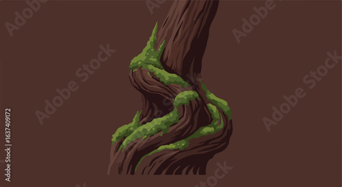 Mossy tree trunk stands strong, twisted with growth. Rich brown background enhances