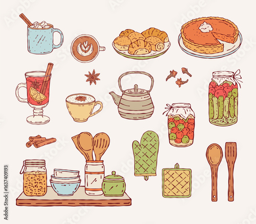 Warm autumn kitchen set with cookware, baked goods, and hot drinks. Great for café menus and seasonal decorations