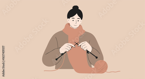 Woman knits a scarf. Knitting needles and yarn are on the table. Serene and casual