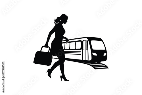 modern detailed professional high quality Silhouette of a woman in business attire walking down the stairs with a suitcase conveying a sense of professionalism and travel