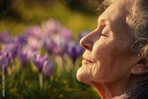 A senior woman with closed eyes, enjoying a spring day.