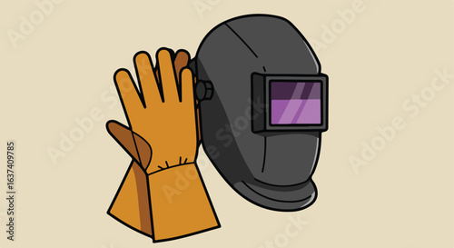 Welding gear. Black mask, purple eye protection, and thick, brown protective glove