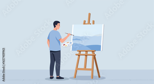 Man paints blue landscape on canvas using brush and palette on a wooden easel