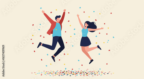 Celebratory Jump Two people jumping with confetti. Celebration and happy mood depicted