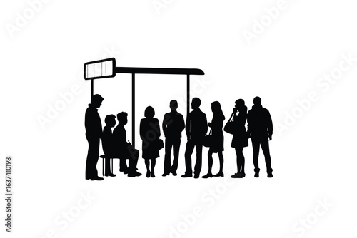 clean stylish elegant modern detailed professional high quality Silhouette of People Waiting at a Bus Stop Embodying Urban Life and Daily Commute in a Modern Cityscape