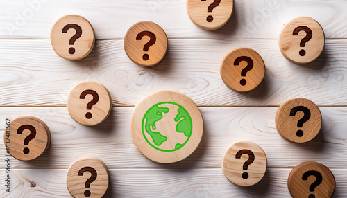 Wooden Earth Globe Icon Surrounded by Question Marks on White Rustic Wooden Background Sustainability Concept