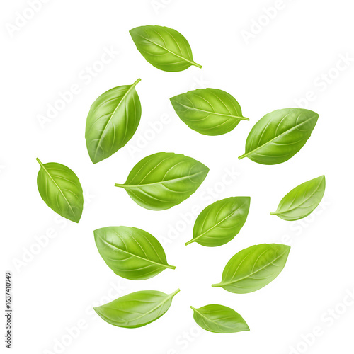 Fresh basil leaves floating in the air, perfect for culinary, herbal, or organic design projects. isolated on white or transparent background. PNG format.