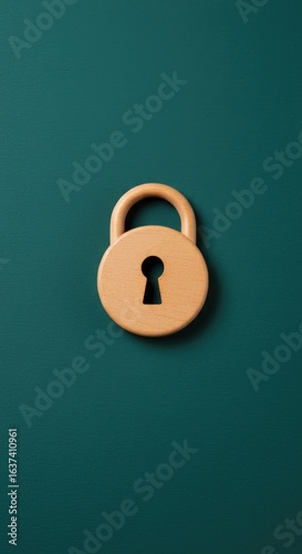 Wooden padlock on teal background; security concept (1)