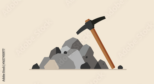 Cartoon flat illustration of a pickaxe in a pile of gray rocks on beige background