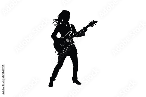 colorful vibrant crisp clean stylish elegant modern detailed professional high quality Dynamic Silhouette of a Female Guitarist in Motion Capturing the Essence of Music and Performance