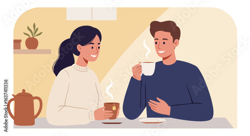 Couple drinking tea and coffee. Man and woman sitting at table with hot drinks