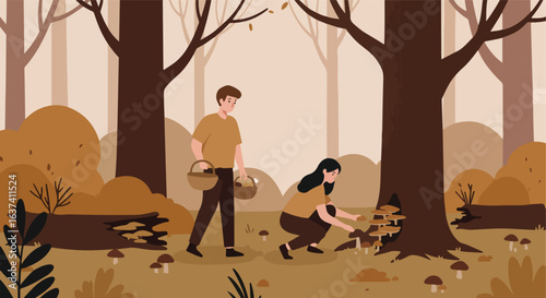 Harvesting mushrooms in forest, man and woman, baskets, brown monochrome scheme