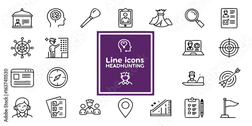 Vector art of headhunting line icons featuring recruitment, job search, and human resources isolated on white background