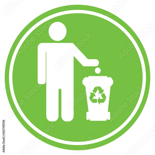 Green recycle sign with figure throwing trash into bin. eps 10