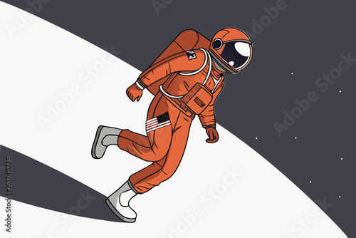 Astronaut floating in space with a flag on suit against dark background zero gravity