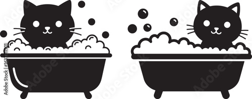 Two adorable black cat silhouettes enjoying a bubble bath