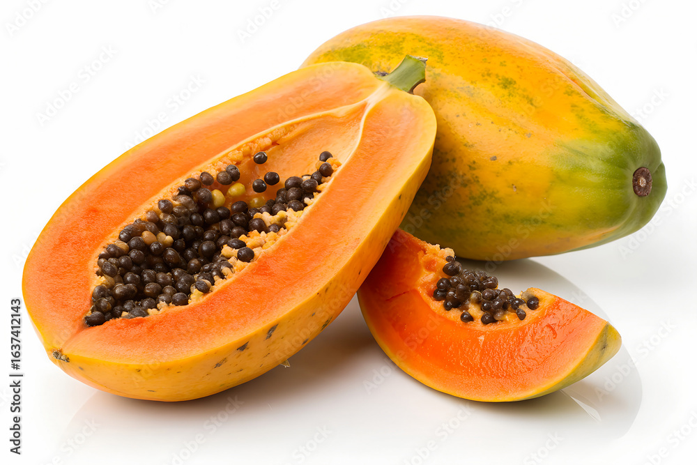 Whole and Halved Papaya with Seeds Visible on White Background Whole and Halved Papaya with Seeds Visible on White Background
