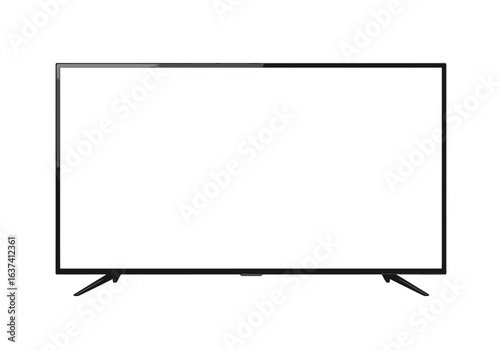 A black flatscreen TV with a white display positioned centrally against a plain white background