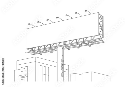 A billboard towers over buildings featuring lighting fixtures and intricate support structures