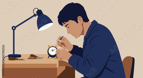 Repairing an alarm clock with precision tools under bright desk lamp lighting