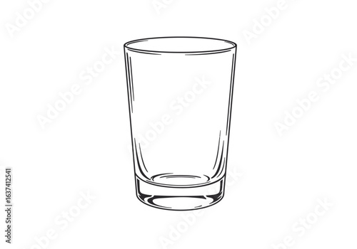A clear empty glass with a rounded base sits centered on a white background