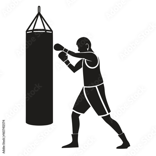 Silhouette of Boxer Delivering Punch to Punching Bag