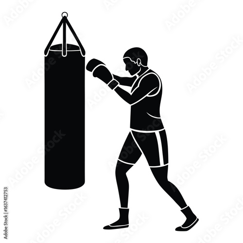 Boxer Practicing Punches on Bag Silhouette