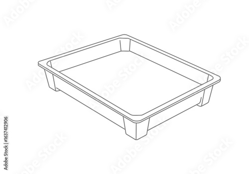 A gray line drawing of a rectangular tray showing a simple design with raised edges and four short supports
