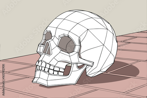 Wireframe Human Skull on a Tiled Surface with Shadow 3D model geometric