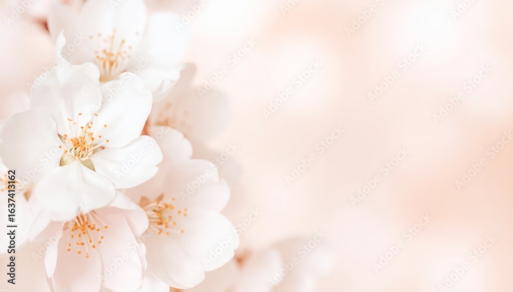 Fototapeta premium Elegant white cherry blossom flowers with delicate petals blooming in spring against a soft pastel pink background, symbol of natural beauty and renewal for serene floral concepts.
