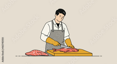 Fishmonger cleans a fish with knife. Salmon fillet cut. Fresh seafood preparation