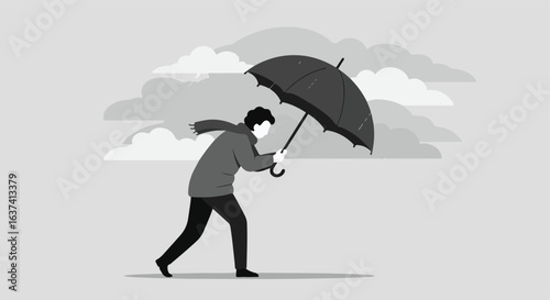 Person walking with umbrella against wind under a cloudy gray sky illustration