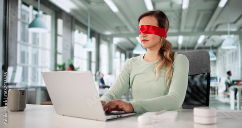 Konstfotografi Frustrated Woman With Blindfold Enthusiastically Taking Notes
