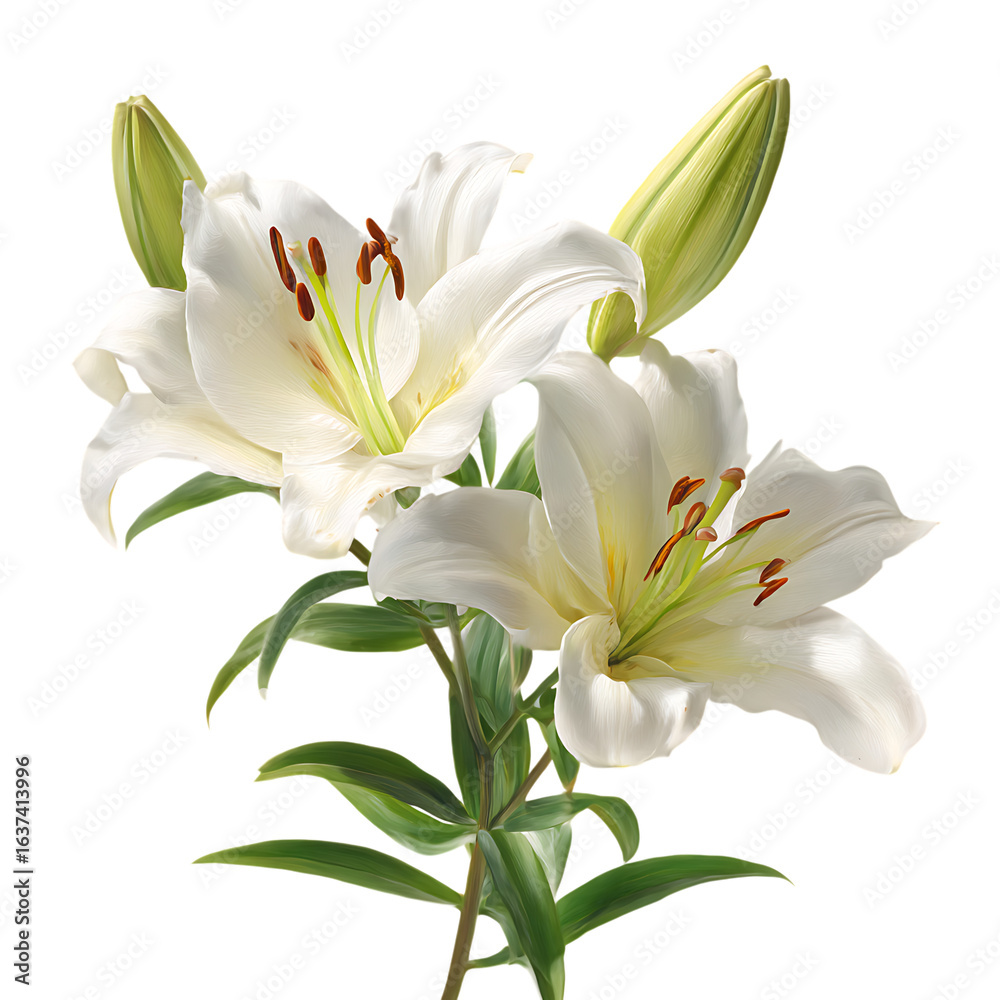 Fototapeta premium Elegant white lilies blooming on a transparent background isolated on transparent background