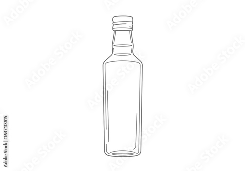 A linear gray drawing of a square tall liquor bottle with ridges on its neck set against a stark white backdrop